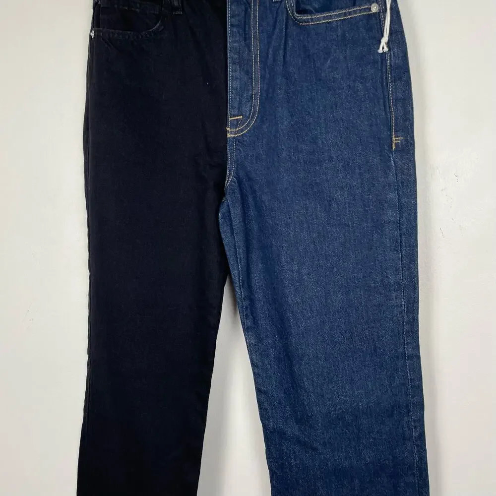 Frame NWT Le Jane High Rise Straight Leg Two Tone Colorblock Jeans Dell Noir 25